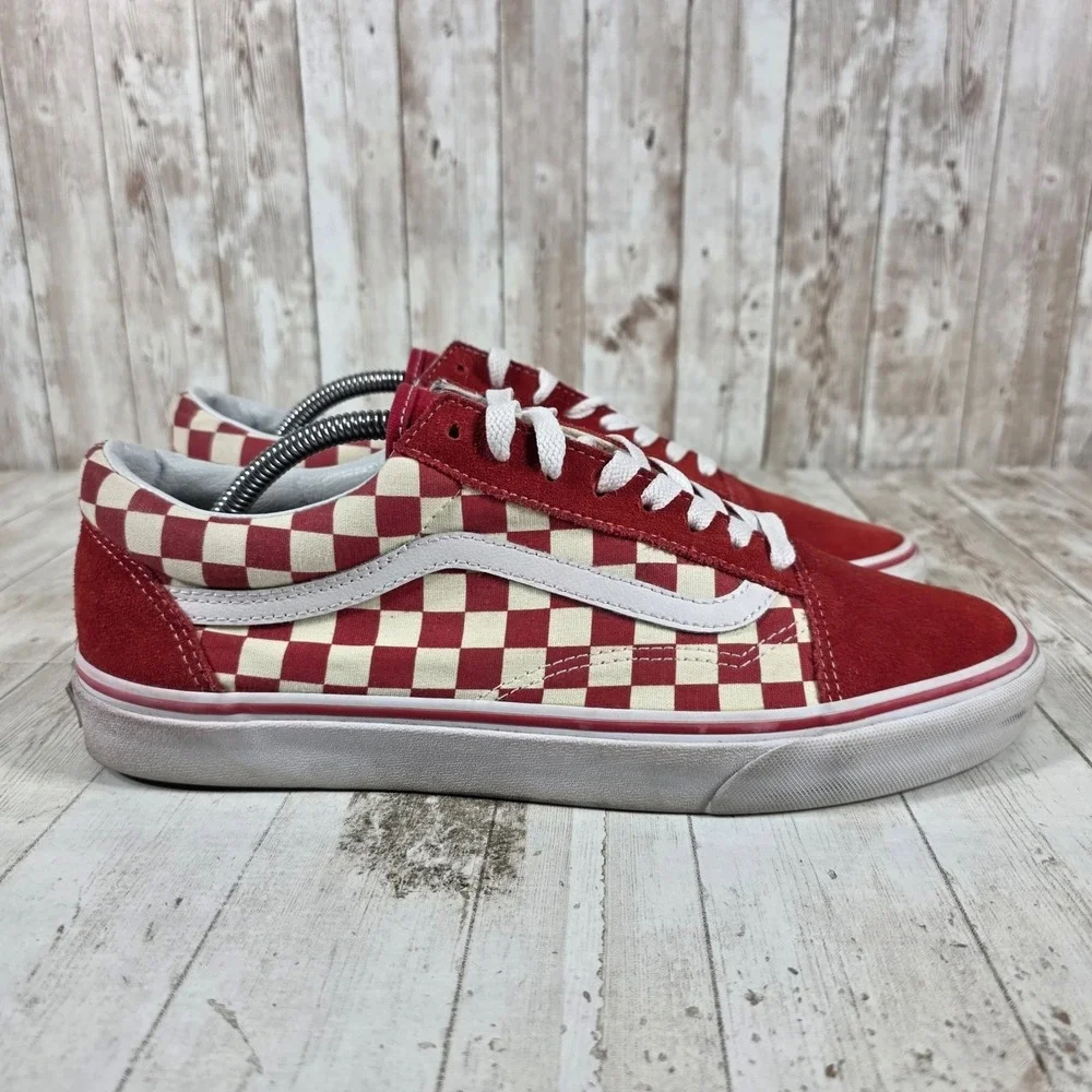 Vans Old Skool Red White Checkerboard Suede Canvas Skate Shoes Mens 11